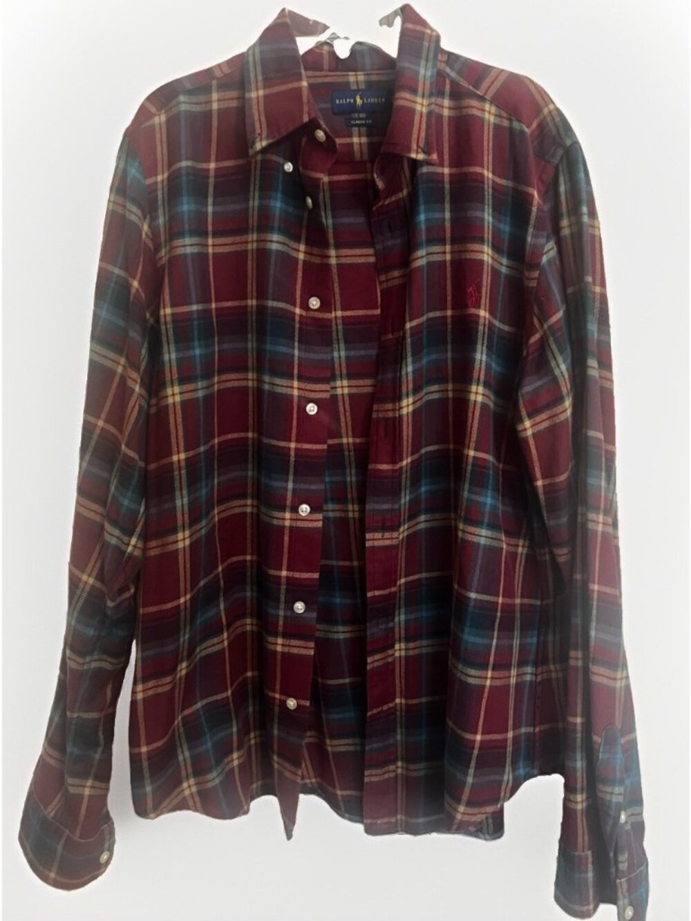 Vintage L Polo Ralph Lauren Oxford Shirt Burgundy Plaid Button-up 100% Cotton. H